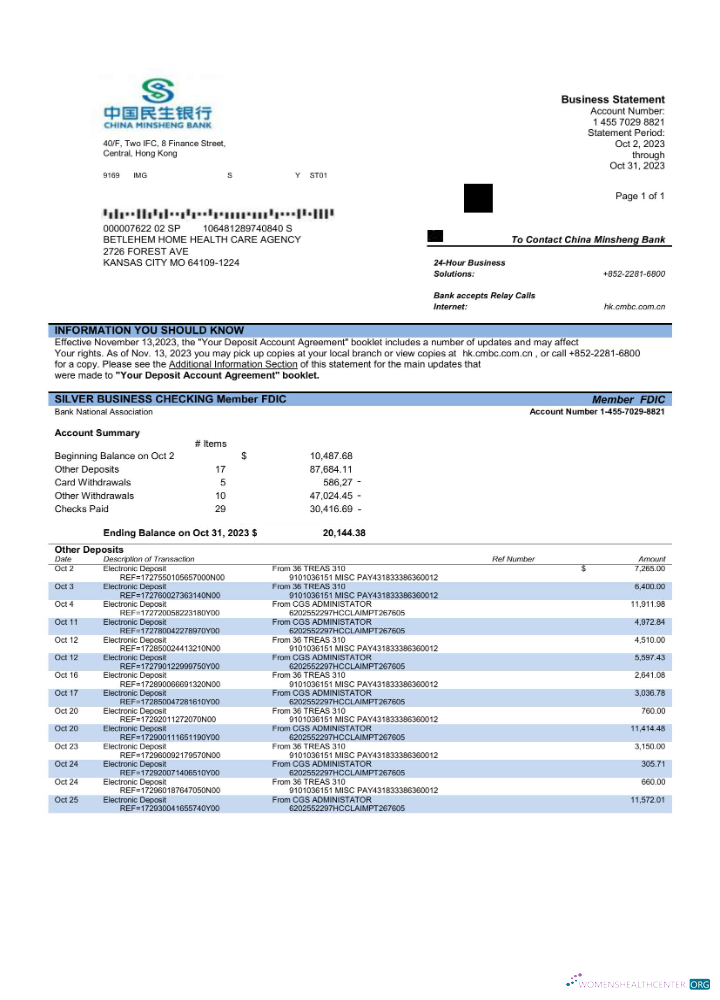 Download China Minsheng Bank firm account statement Word and PDF template Photoshop template